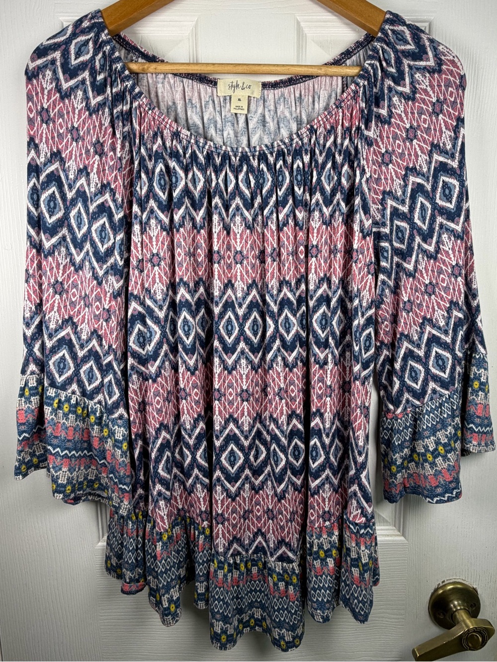 Style & Co. Geometric Boho Peasant Tunic XL Flowy Cottagecore 3/4 Sleeve Hippie